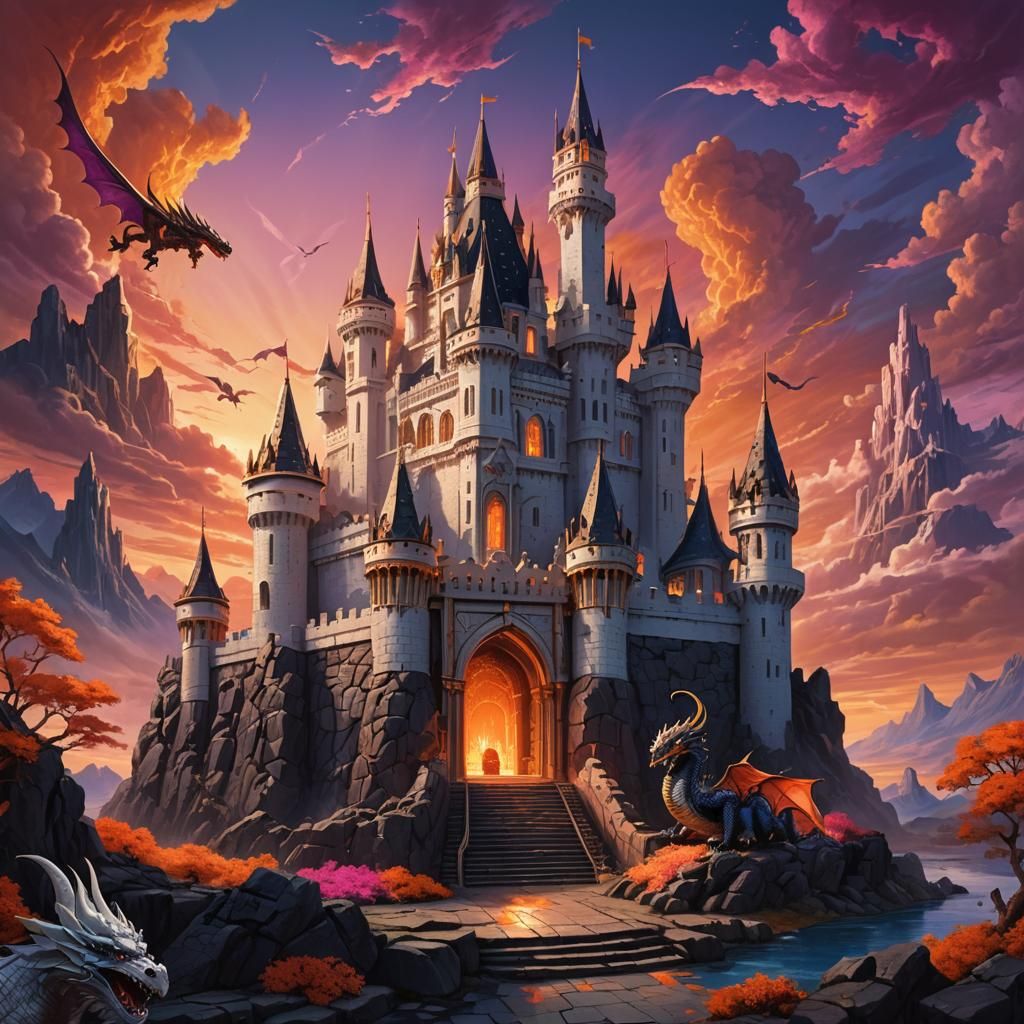 Majestic Castle Sunset with Dragons: Fantasy Matte Painting
