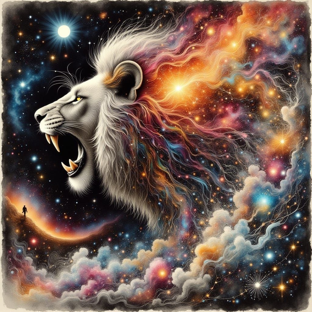Fiery Lion Meets Stardust Spirit in Charcoal and Cosmic Art