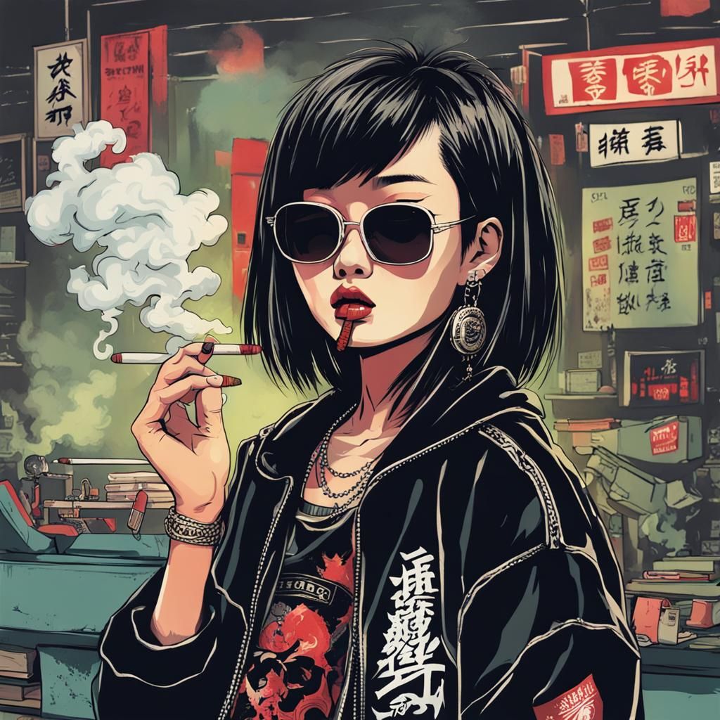 Smoking Asian Punk Girl Art in Cyberpunk Style