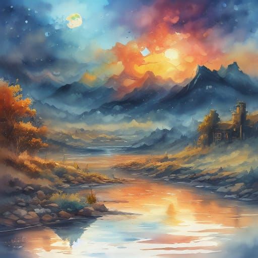 Heron Portrait Over Lagoon in Splash Art Style