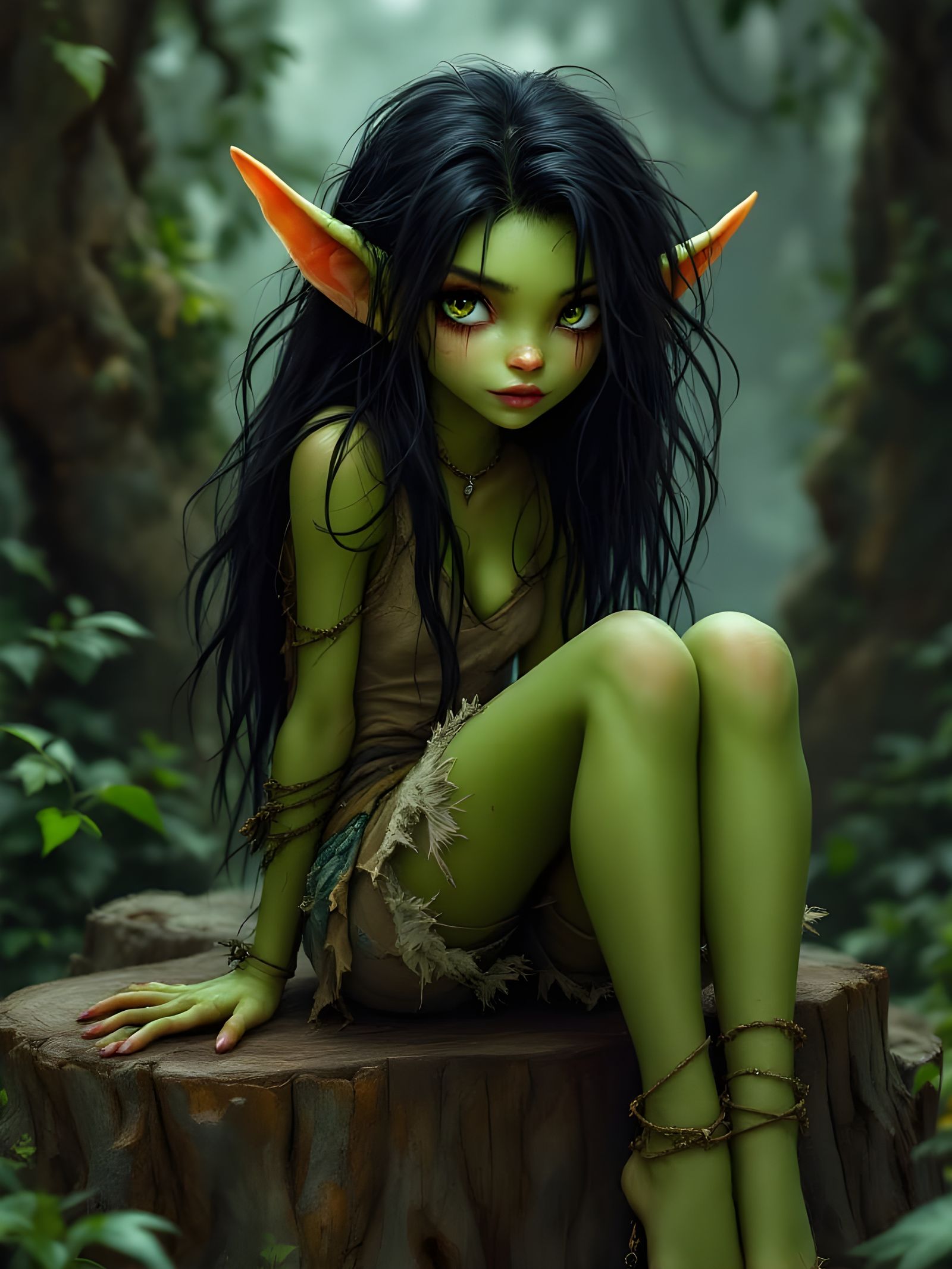 Mischievous Goblin Maiden in Whimsical Forest