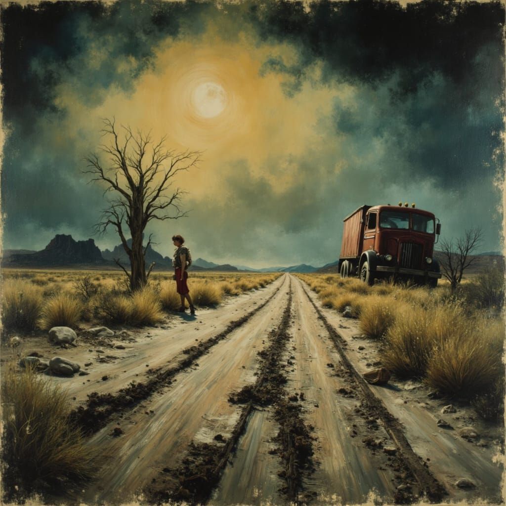 Solitary Woman on Windswept Plain with Rusted Truck