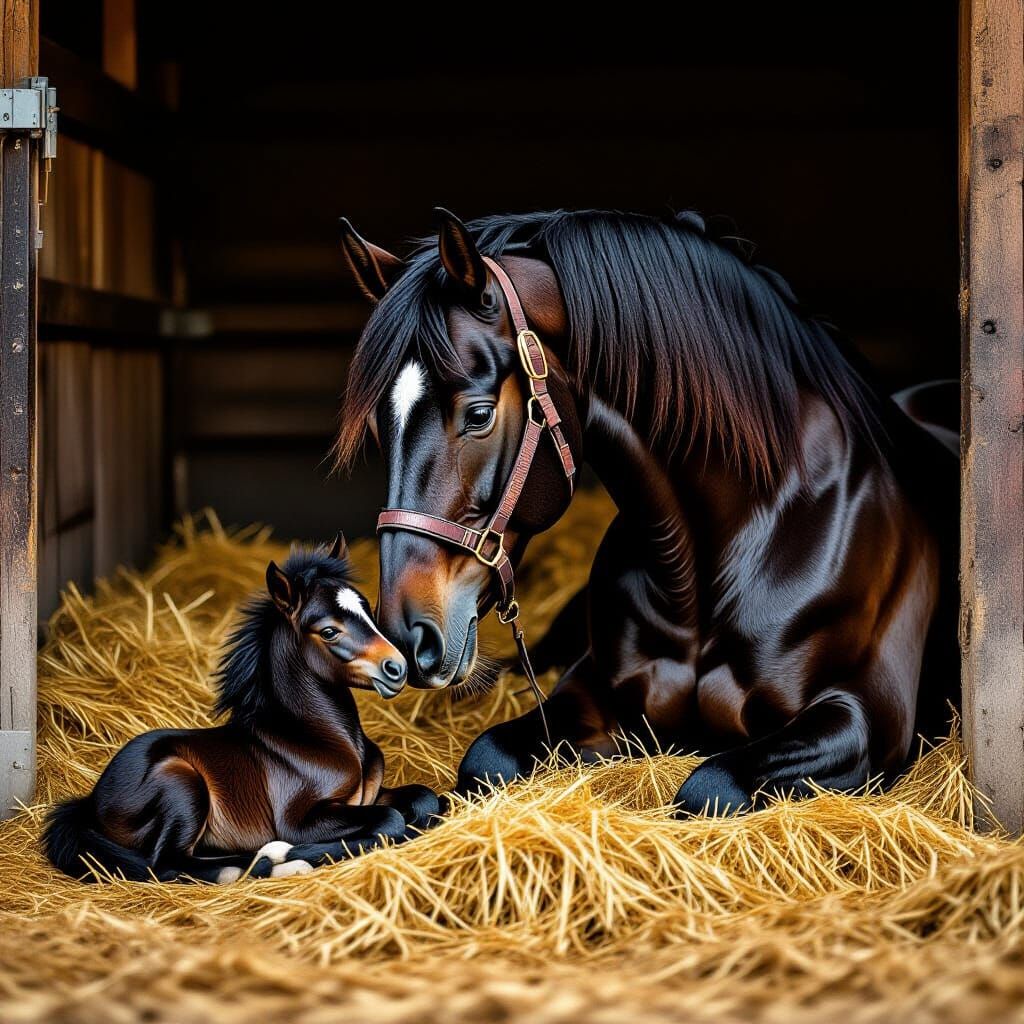 Black Arabian Horse and Foal in Hay Stall