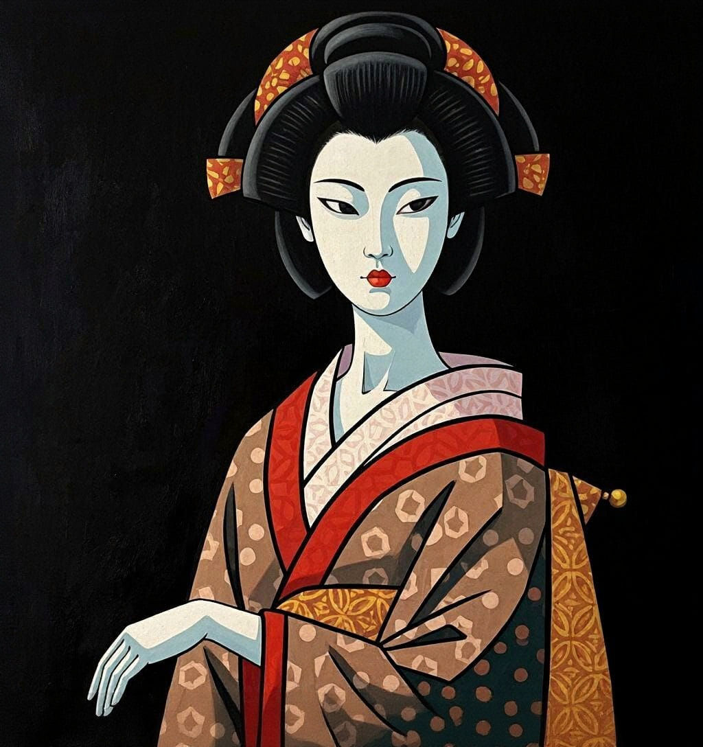 Cubist Geisha Portrait in Geometric Style