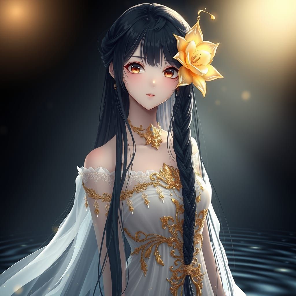 Anime Fantasy Girl in Golden Gown with Ethereal Aura