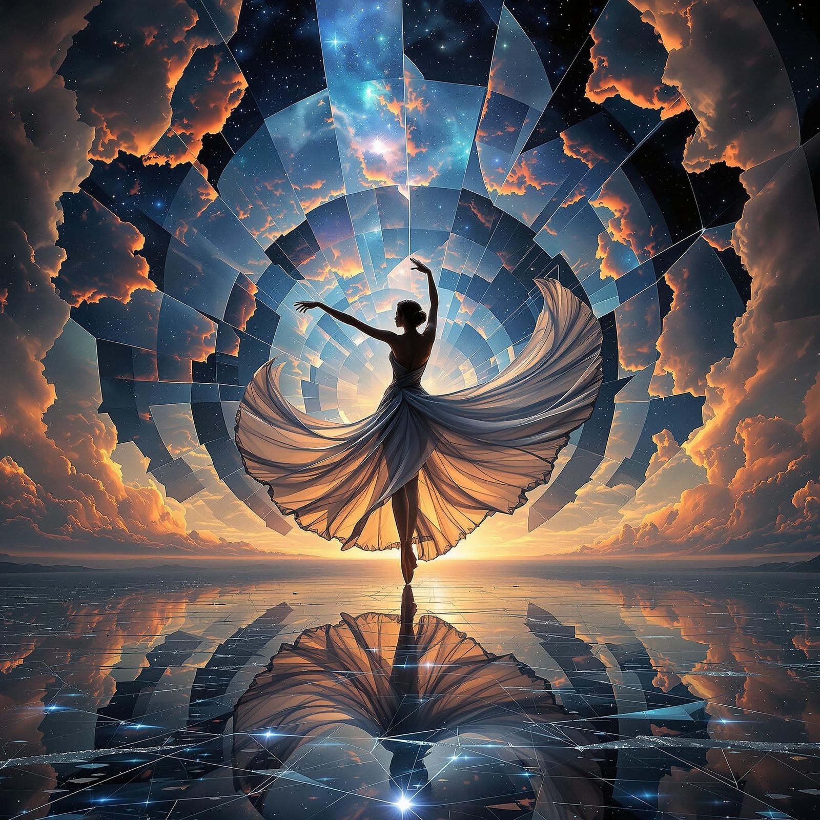 Kaleidoscopic Dancer on Mirrored Plateau in Surreal Style