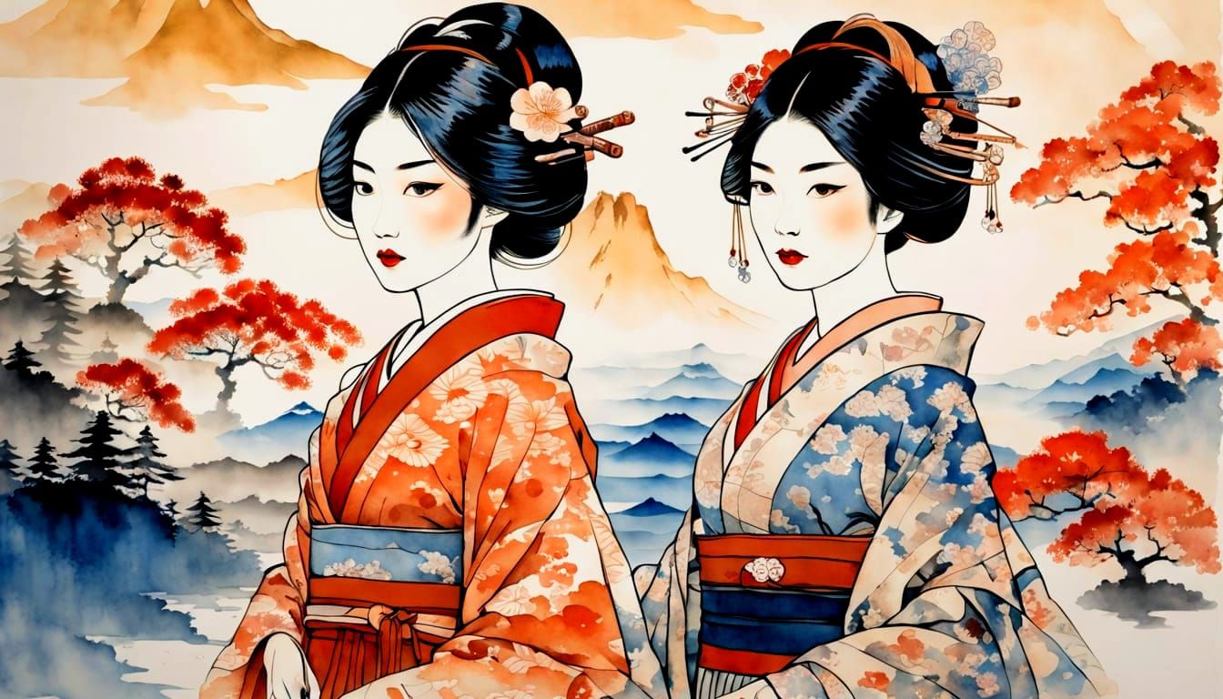 Geisha Double Exposure in Batik Watercolor Style