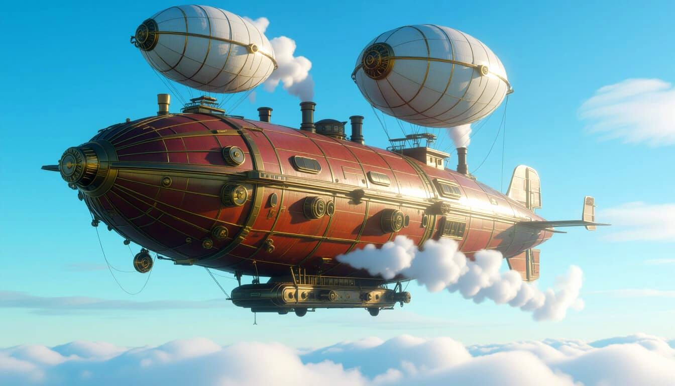 Steampunk Airship with Gas Balloons in Blue Sky