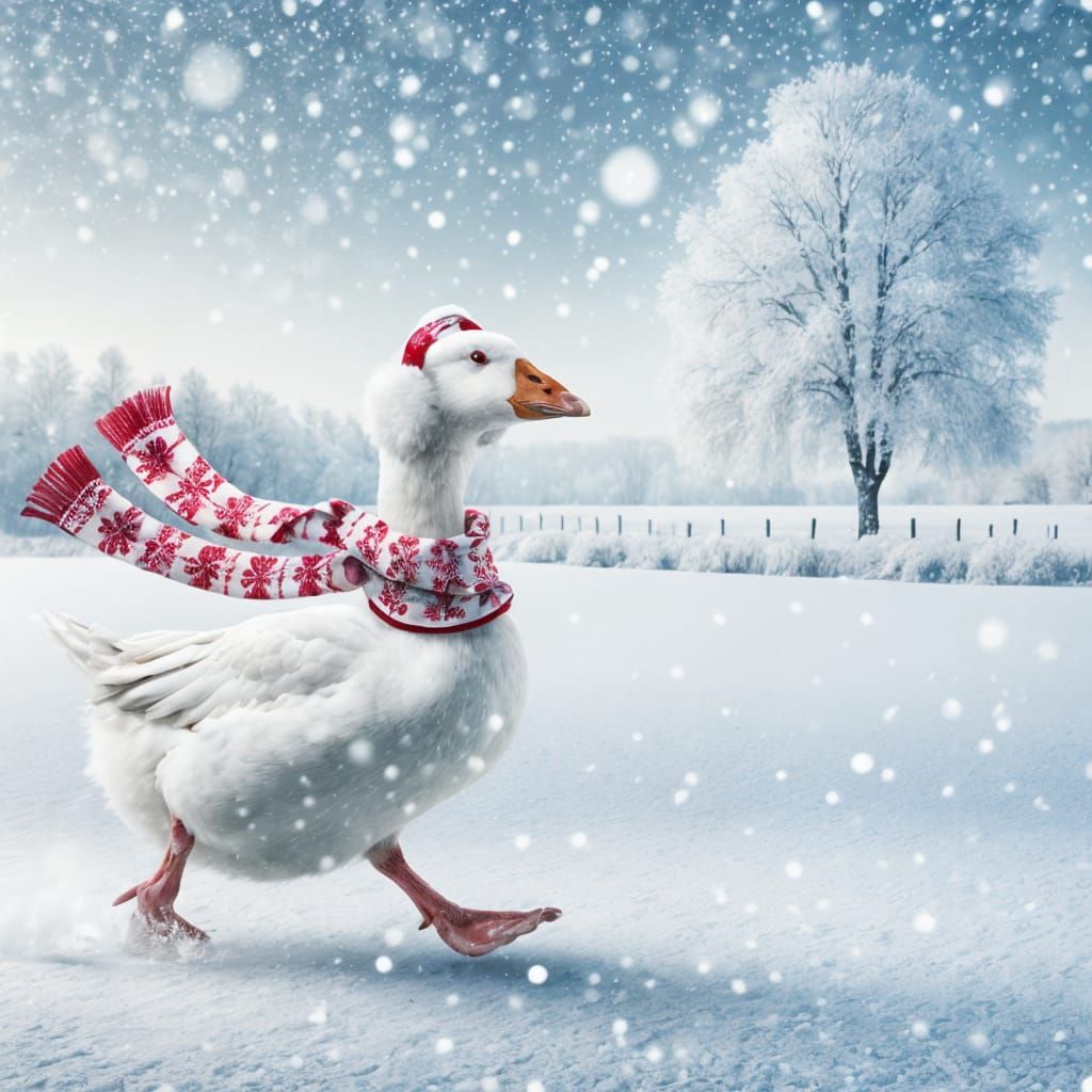Festive Goose Running in Winter Snowscape
