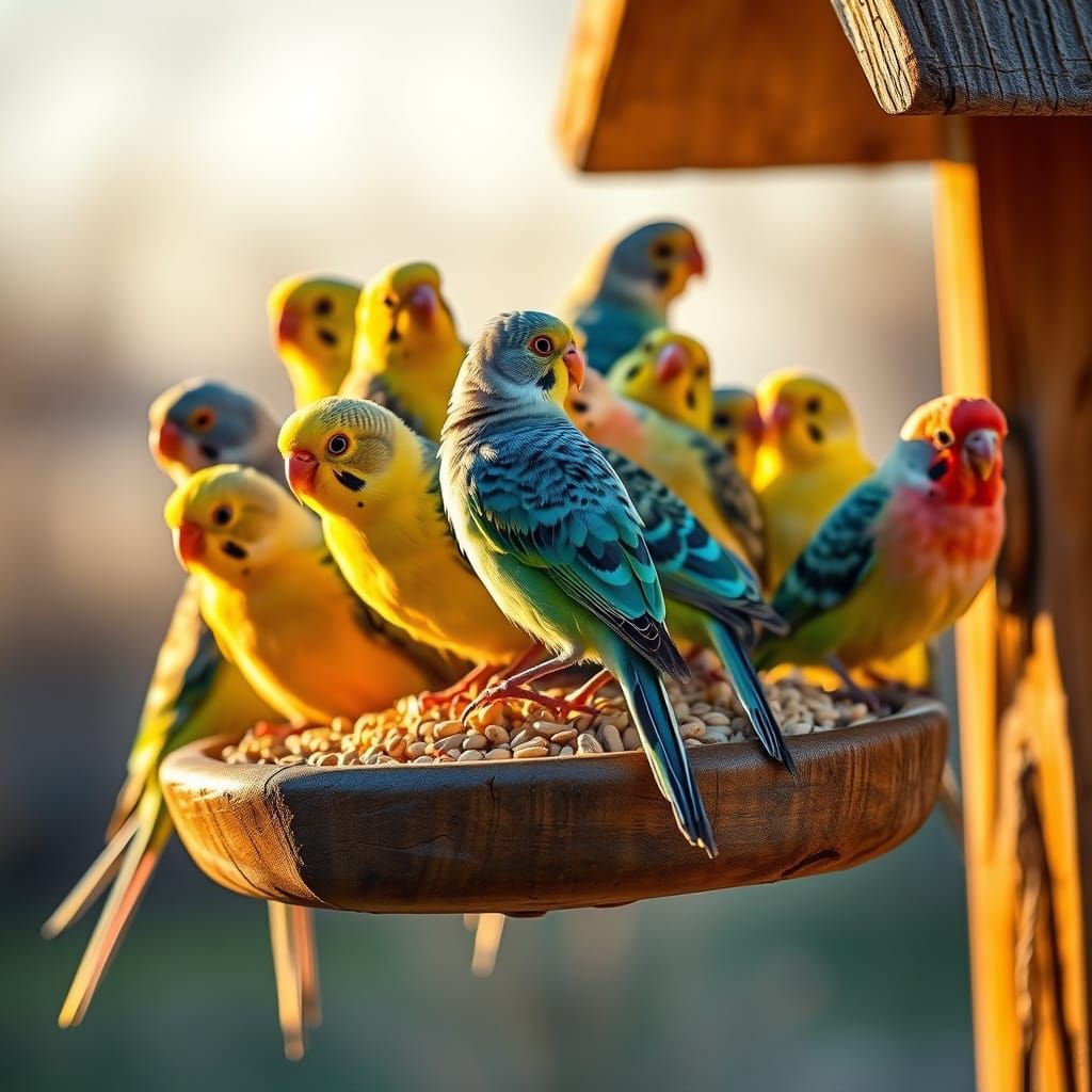 Vibrant Budgerigars at Sunrise Feeder
