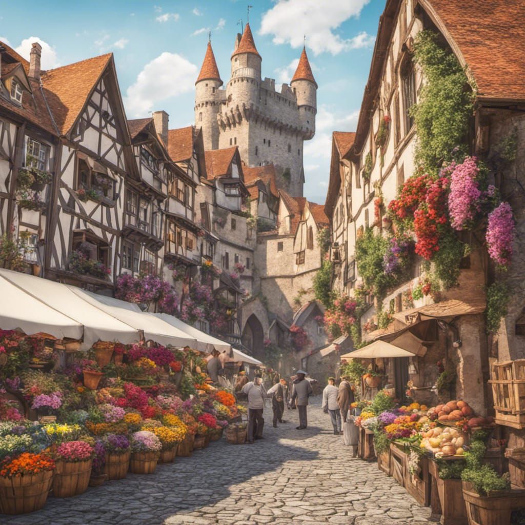 Colorful Medieval Marketplace with Castle