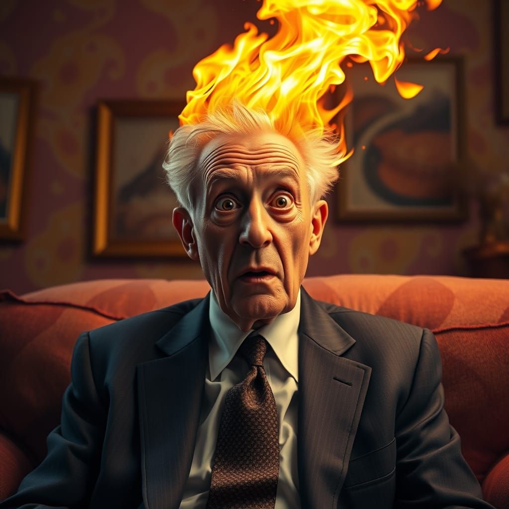 Elderly Gentleman Surprised by Blazing Toupee