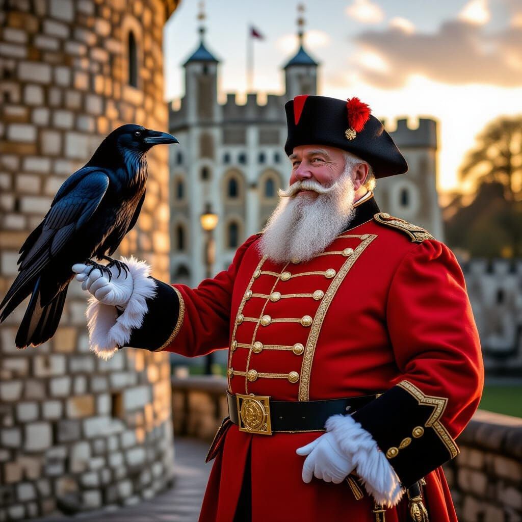 Beefeater and Raven at Tower of London in Hyperrealistic Sty...
