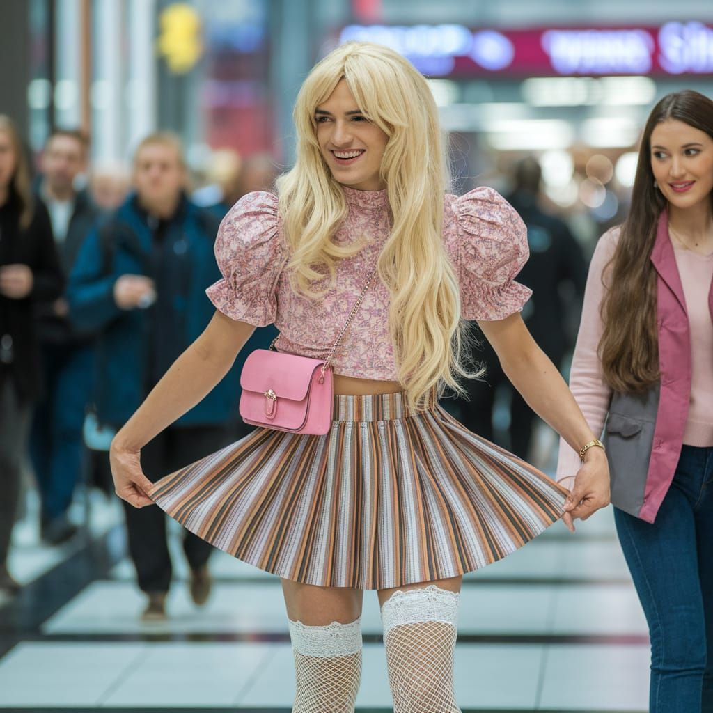 Young Man Crossdressing in Miniskirt and Wig at Mall