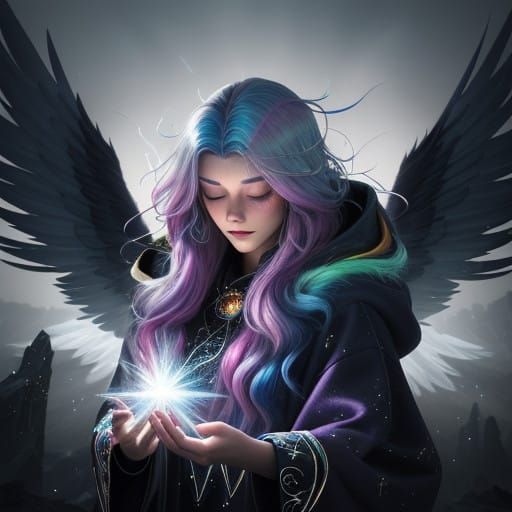 Mystical Woman with Rainbow Hair and Lightning Wings
