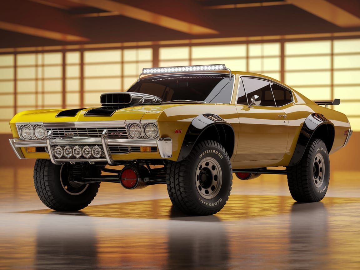 Classic Off-Road Muscle Car in Retro Garage: 3D Render
