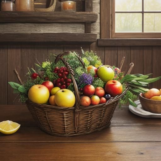 Rustic Still Life with Fruit Basket, Warm Tones