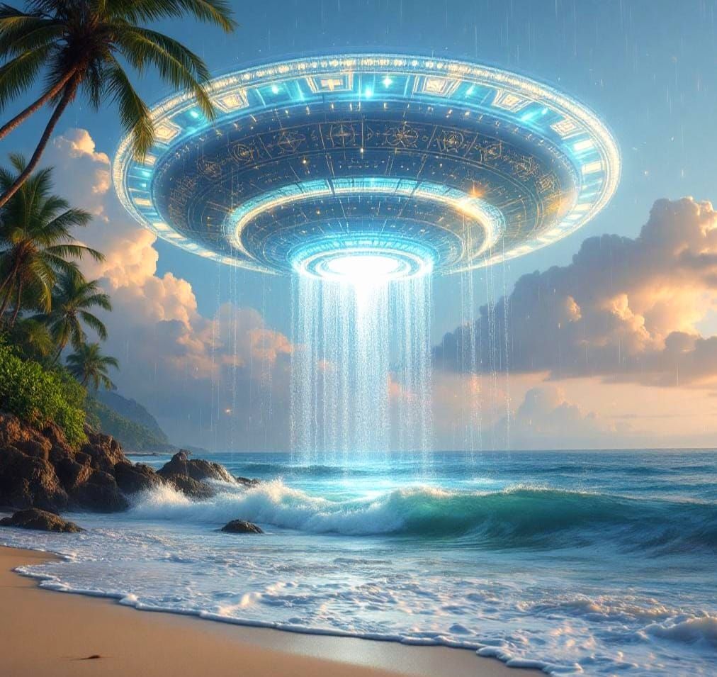 Ethereal Spaceship over Tropical Island at Twilight