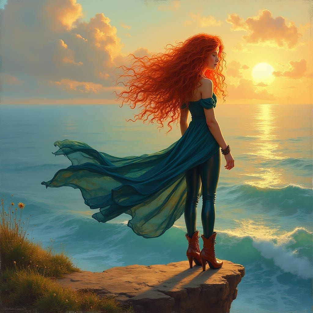 Merida on Cliff Edge: A Surreal Oil Painting