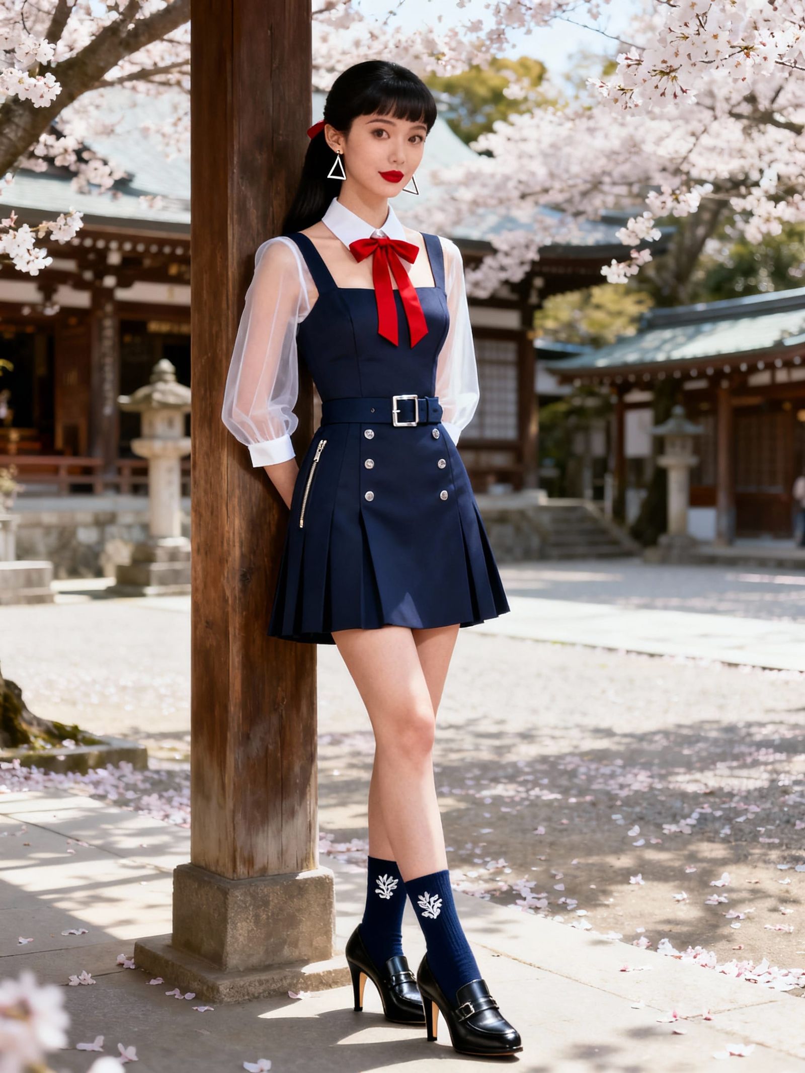 Kaori in Jumper Dress at Cherry Blossom Shrine