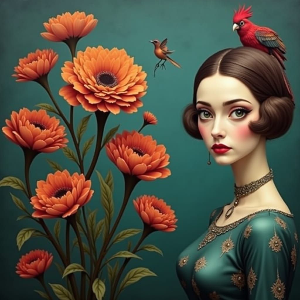 Surreal Cockatoo-Woman Art in Max Ernst Style