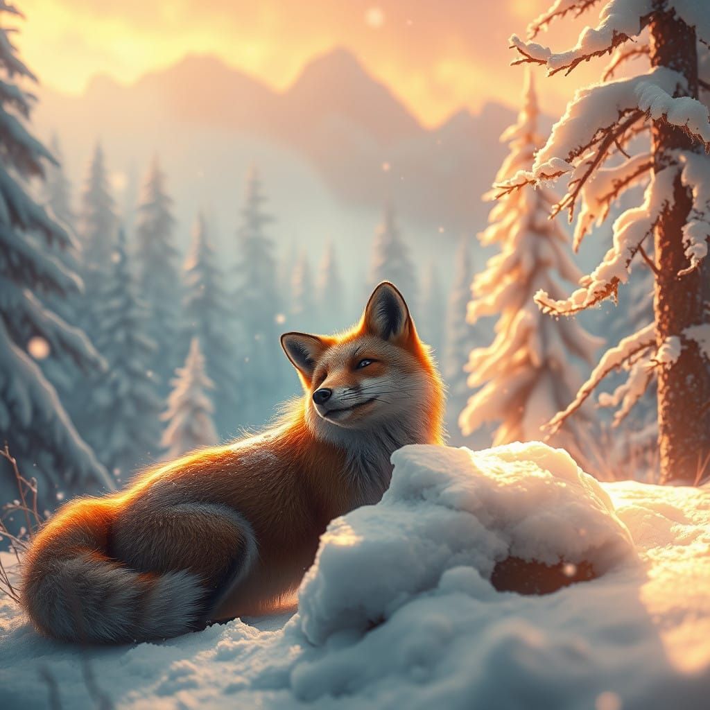Fox Consumes Snow in Dreamlike Landscape