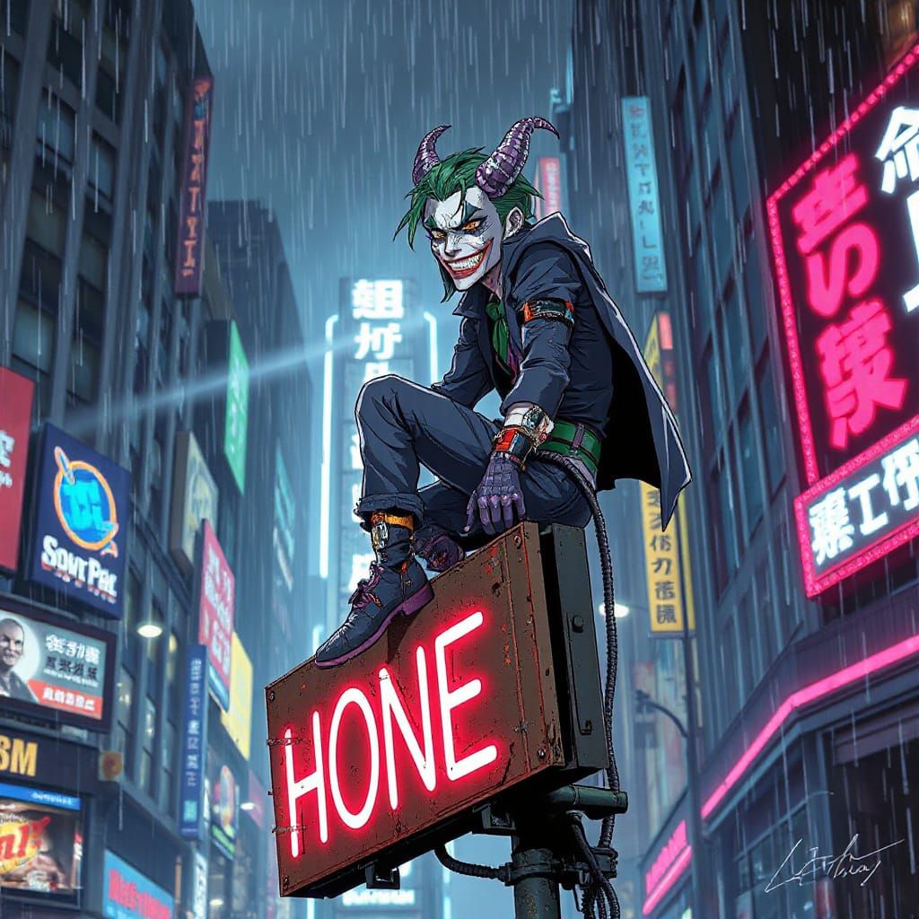 Cybernetic Joker Character in Glitch Art Style