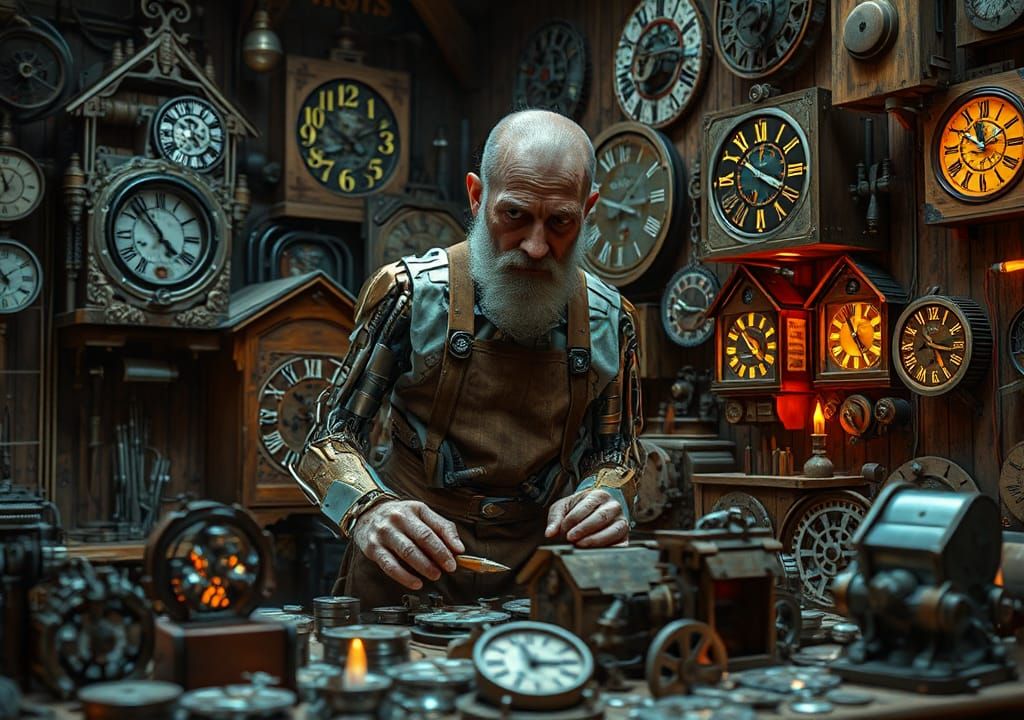Bavarian Cyborg Clockmaker in Sci-Fi Workshop