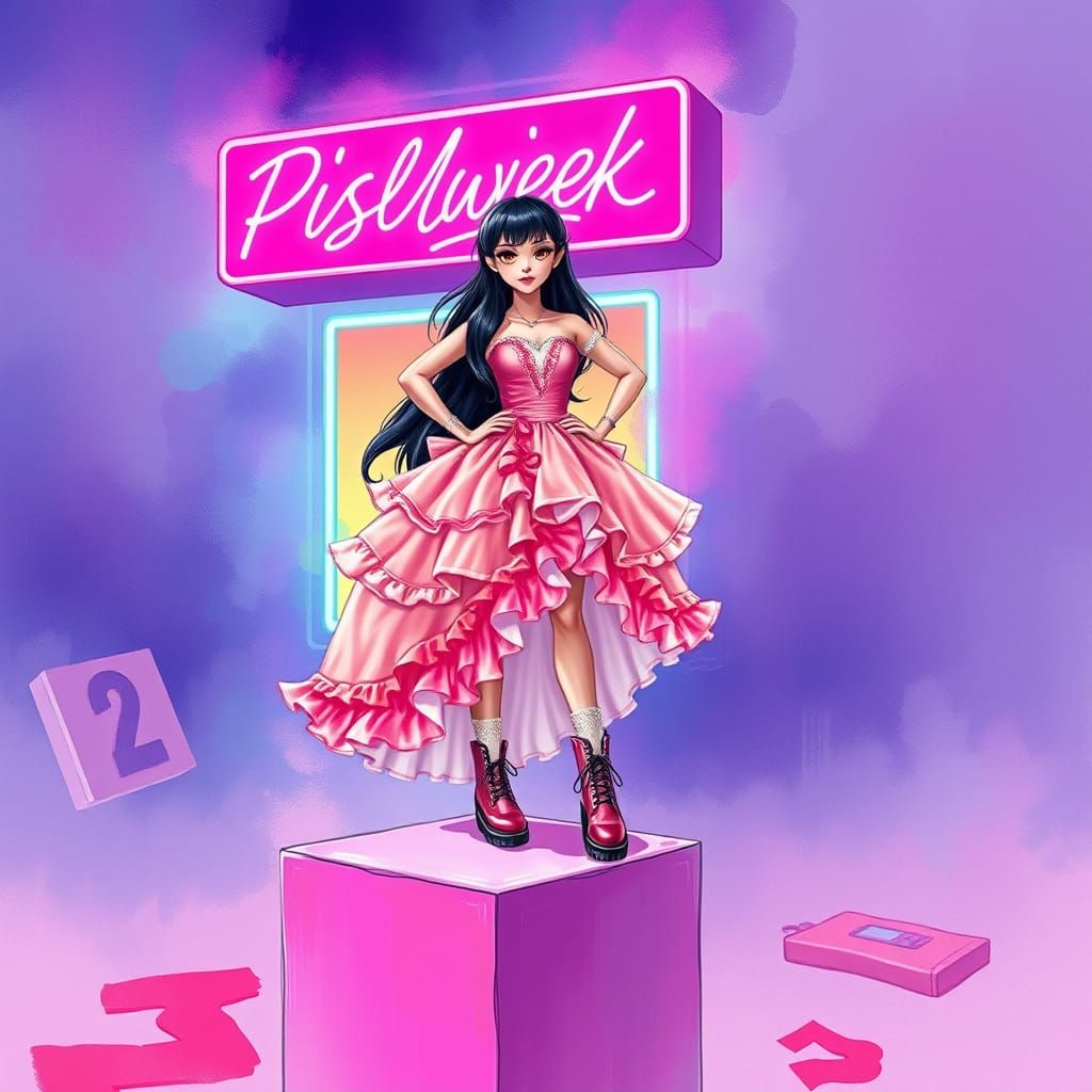 Woman in Pink Ballgown with Neon Watercolor Style