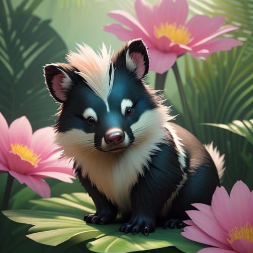 Surreal Skunk in Vibrant Bloom, Pixar-Inspired 3D Art