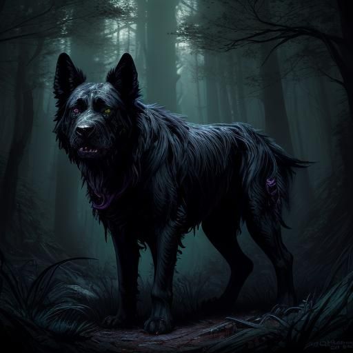 Nightmare Black Dog in Gloomy Forest, Dark Fantasy Art