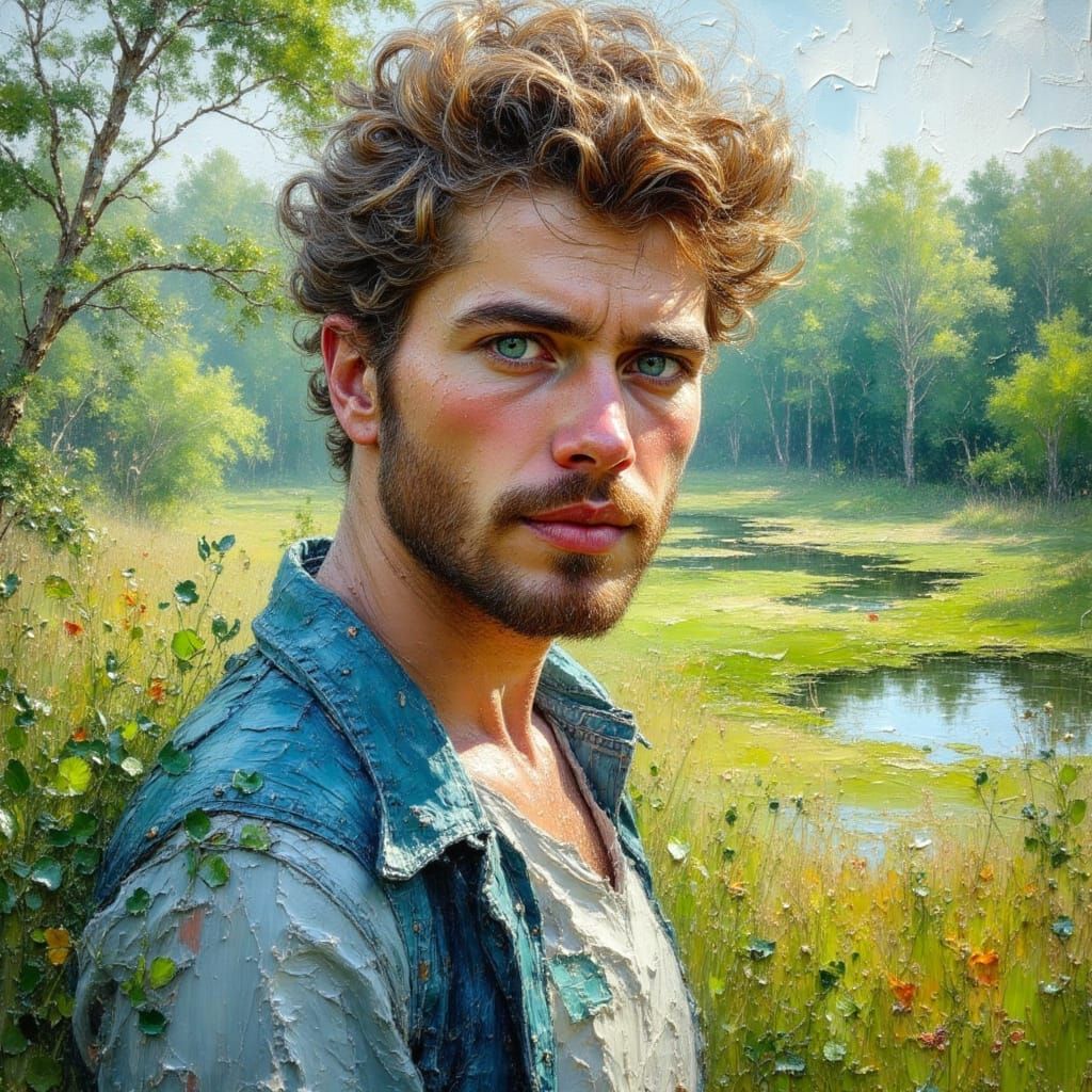 Handsome Farmer in Soft Landscape: Oil Painting