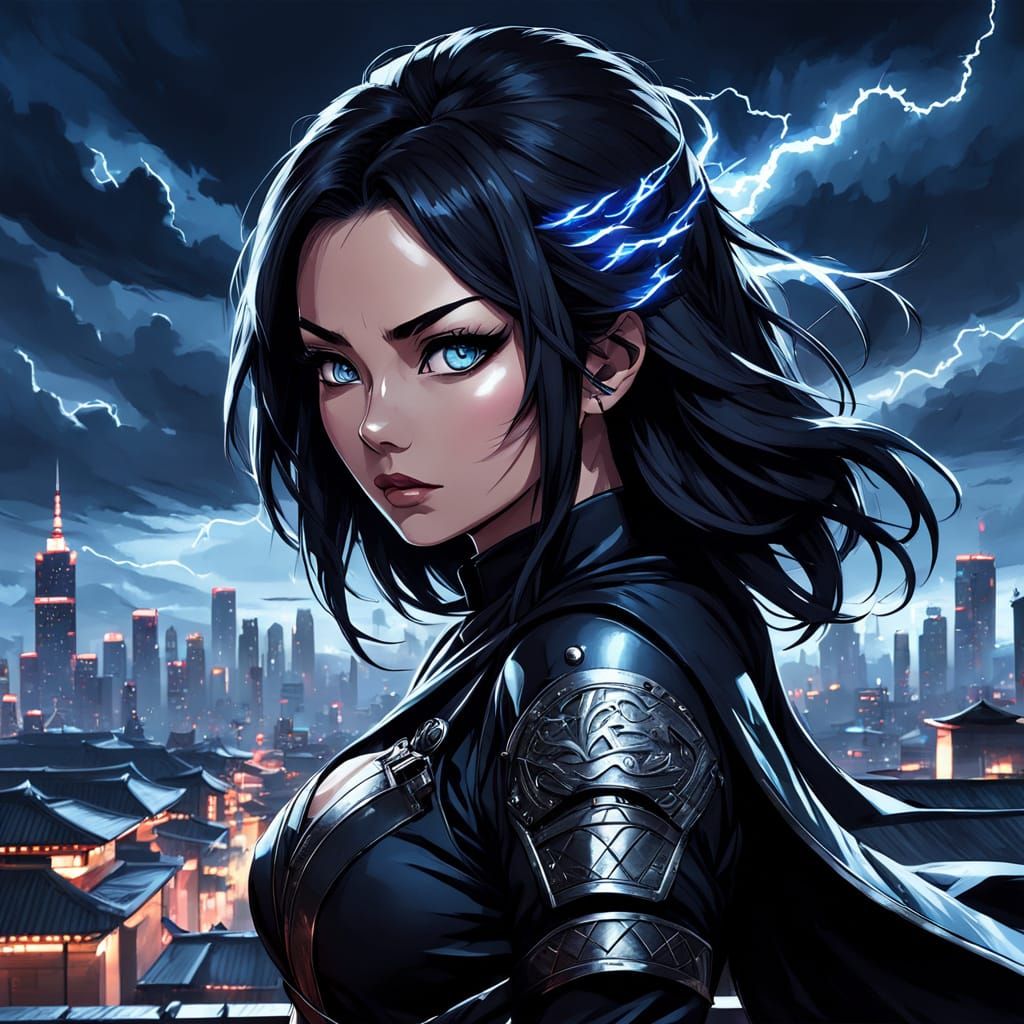 Anime Ninja Overlooking Dystopian Cityscape