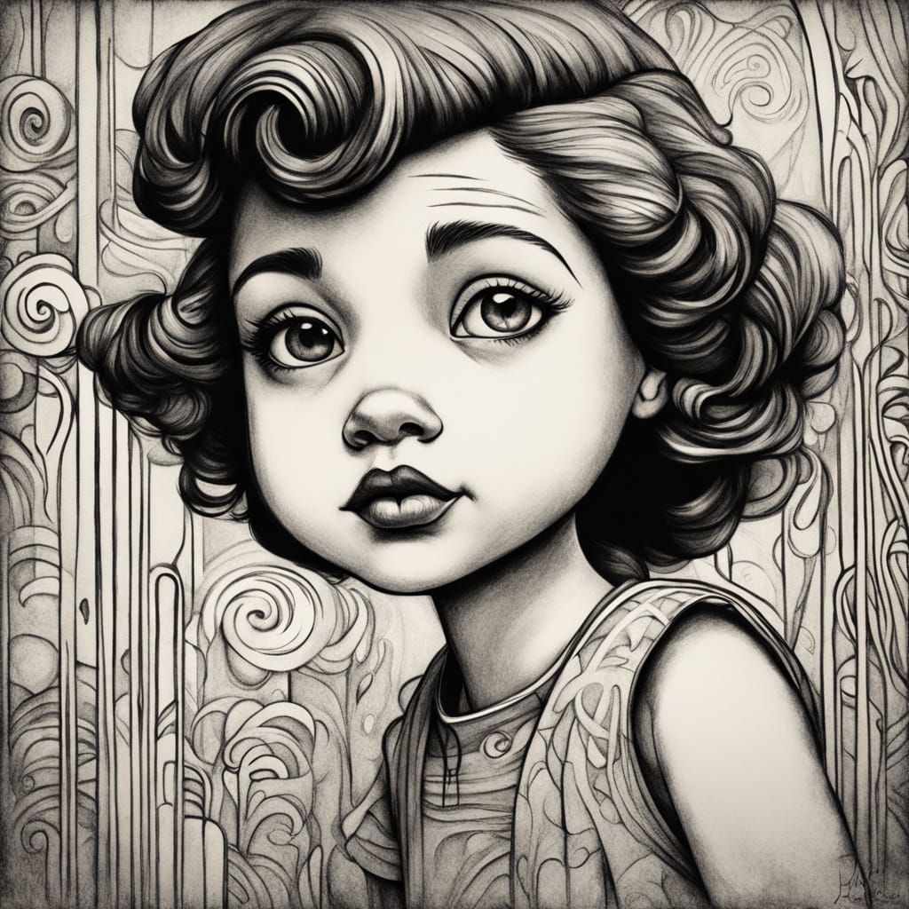 Vintage Cartoon Goddess Charcoal Drawing