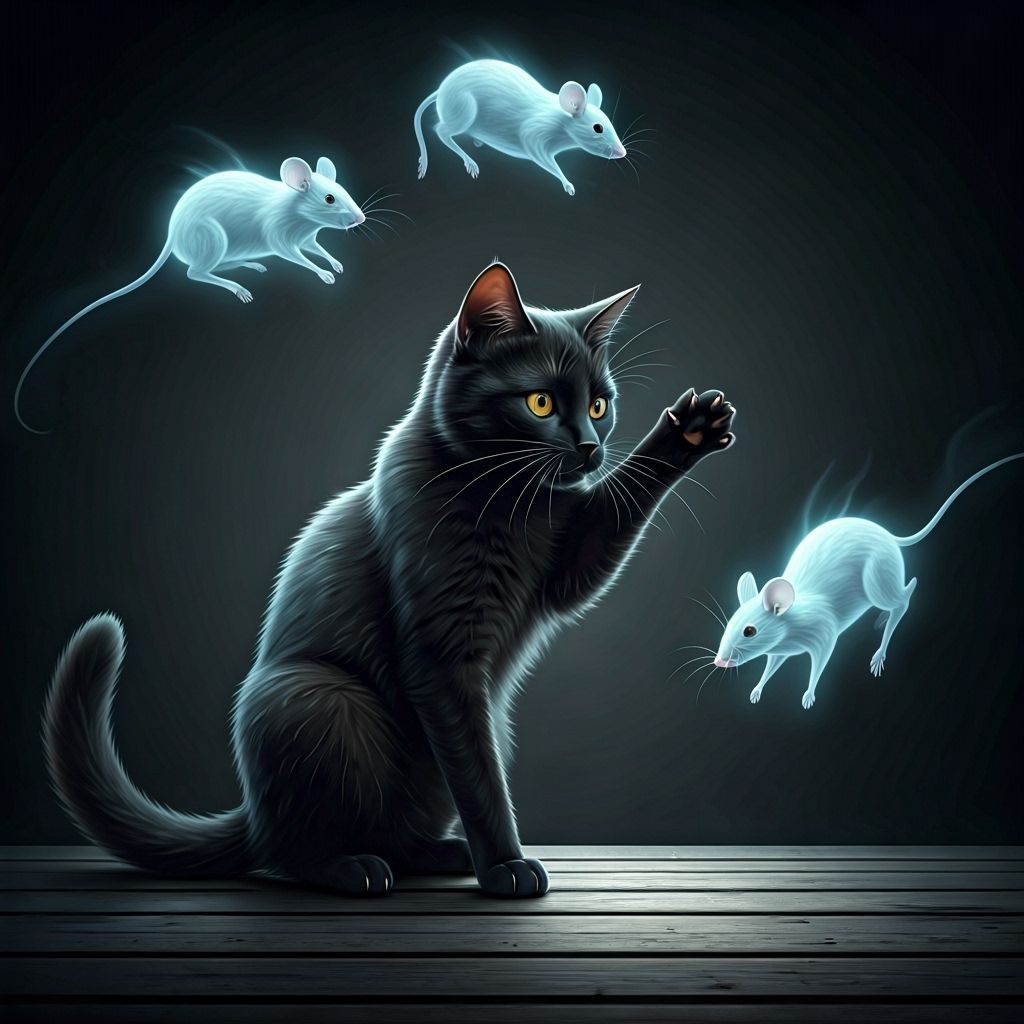 A black cat swiping at ghostly translucent mice that are run...