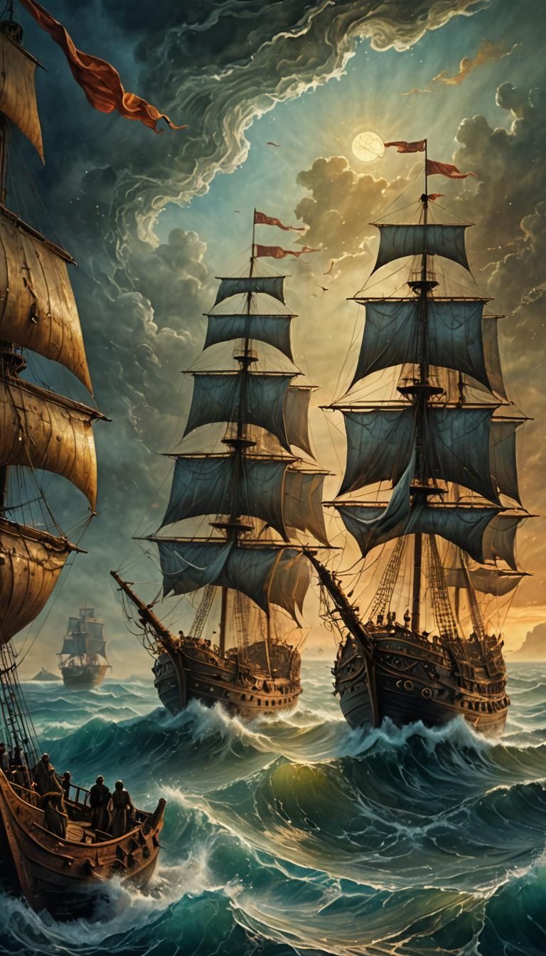 Fantasy Galleon Sailing a Mysterious Sea