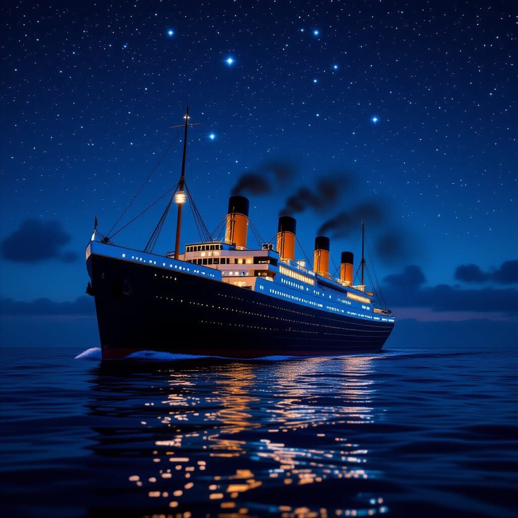 Titanic Sails North Atlantic Under Starry Night Sky