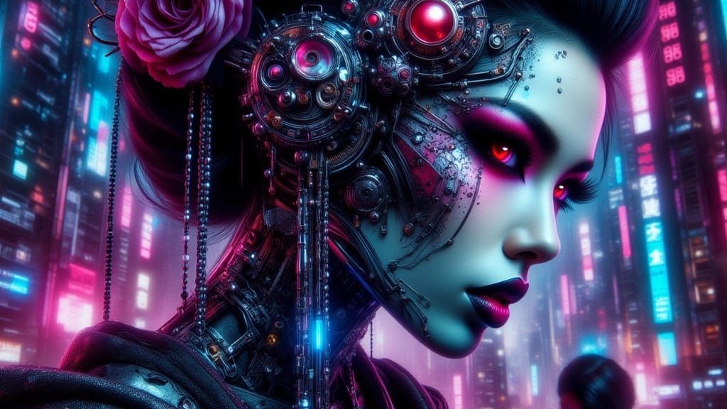 Cybernetic Geisha Portrait in Cyberpunk Cityscape