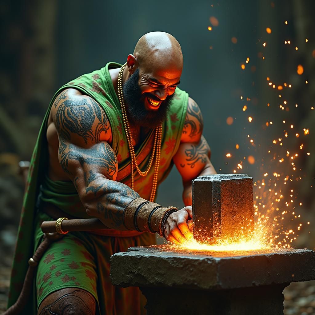 African Warrior Forging Metal in High-Fantasy Style