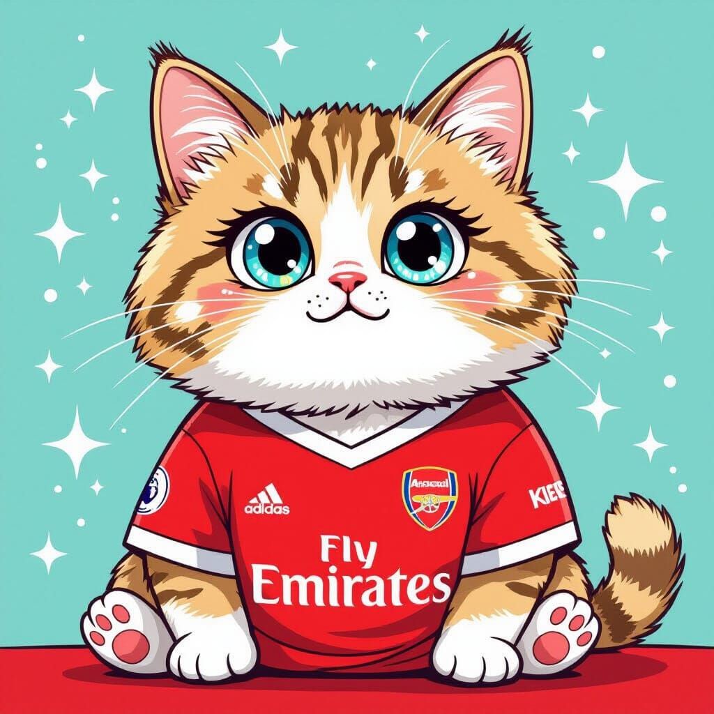 Fluffy Cat in Arsenal Jersey, Comic-Style Art