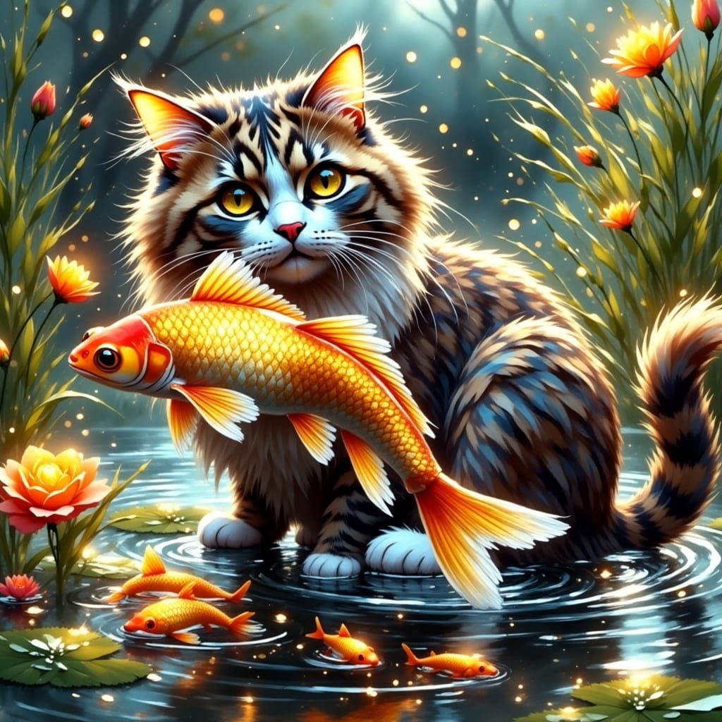 Cheerful Cat by Sparkling Pond with Goldfish