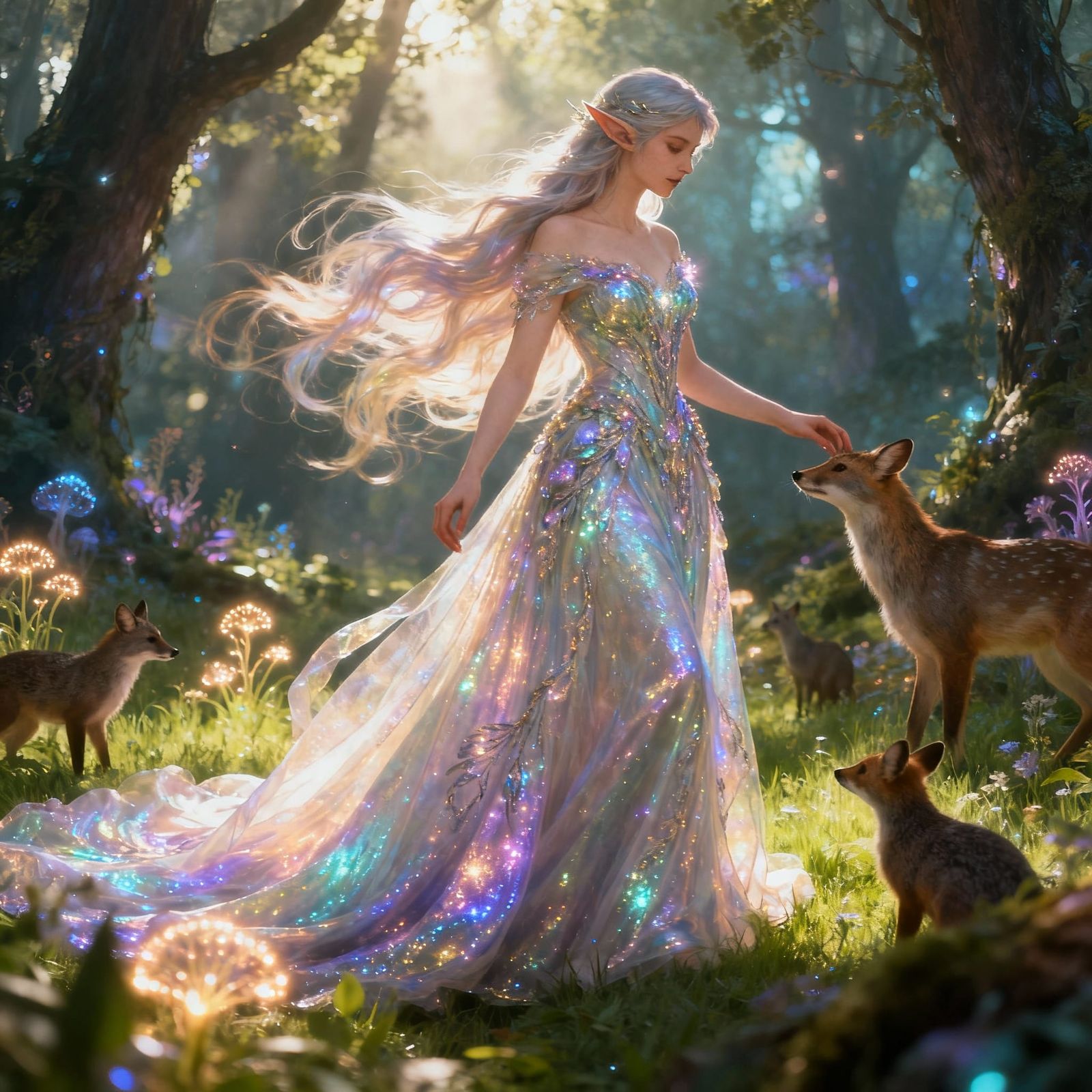 Elven Lady in Glimmering Gown with Forest Animals