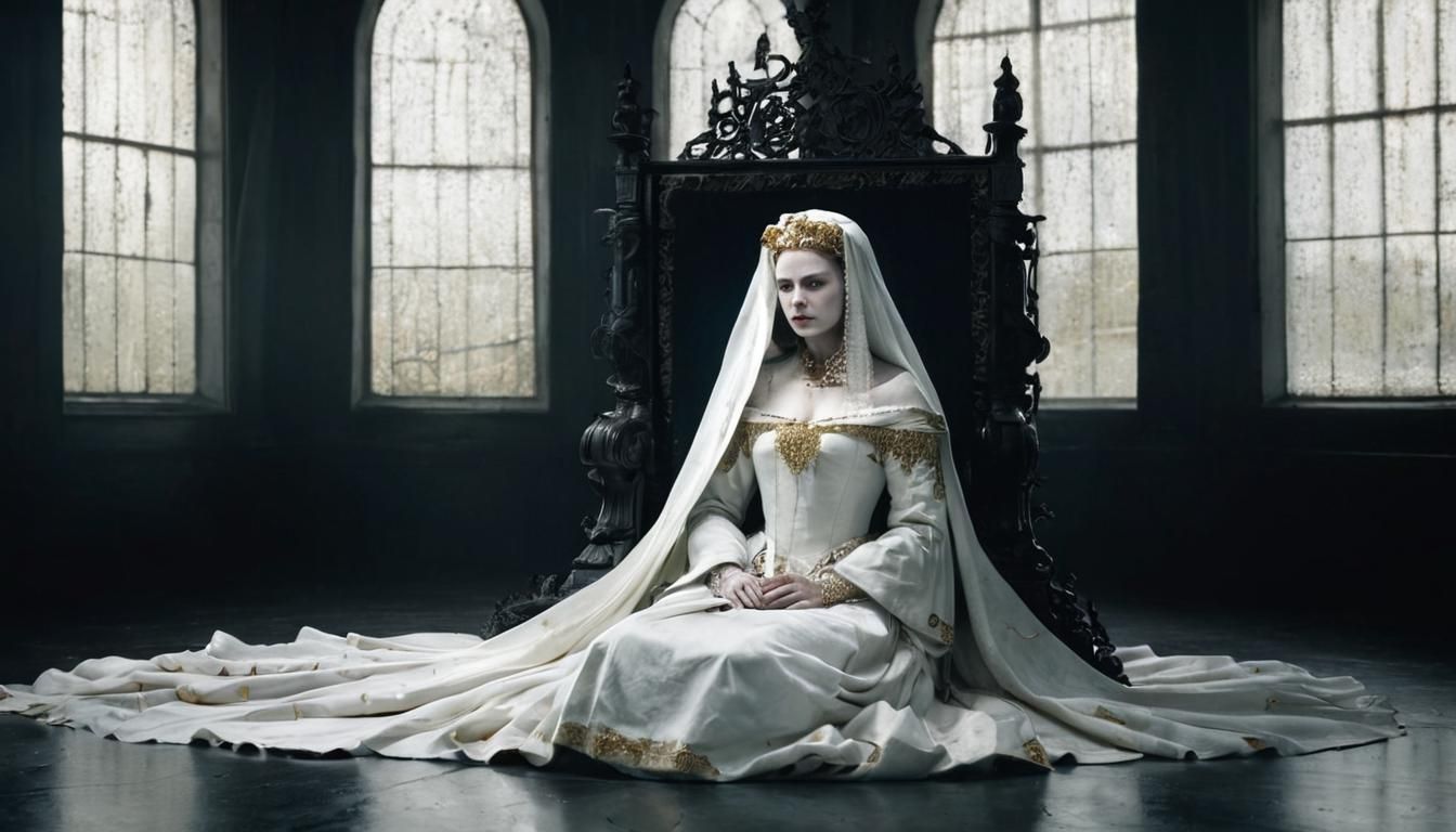 Mary, Queen of Scots in White Gown on Throne