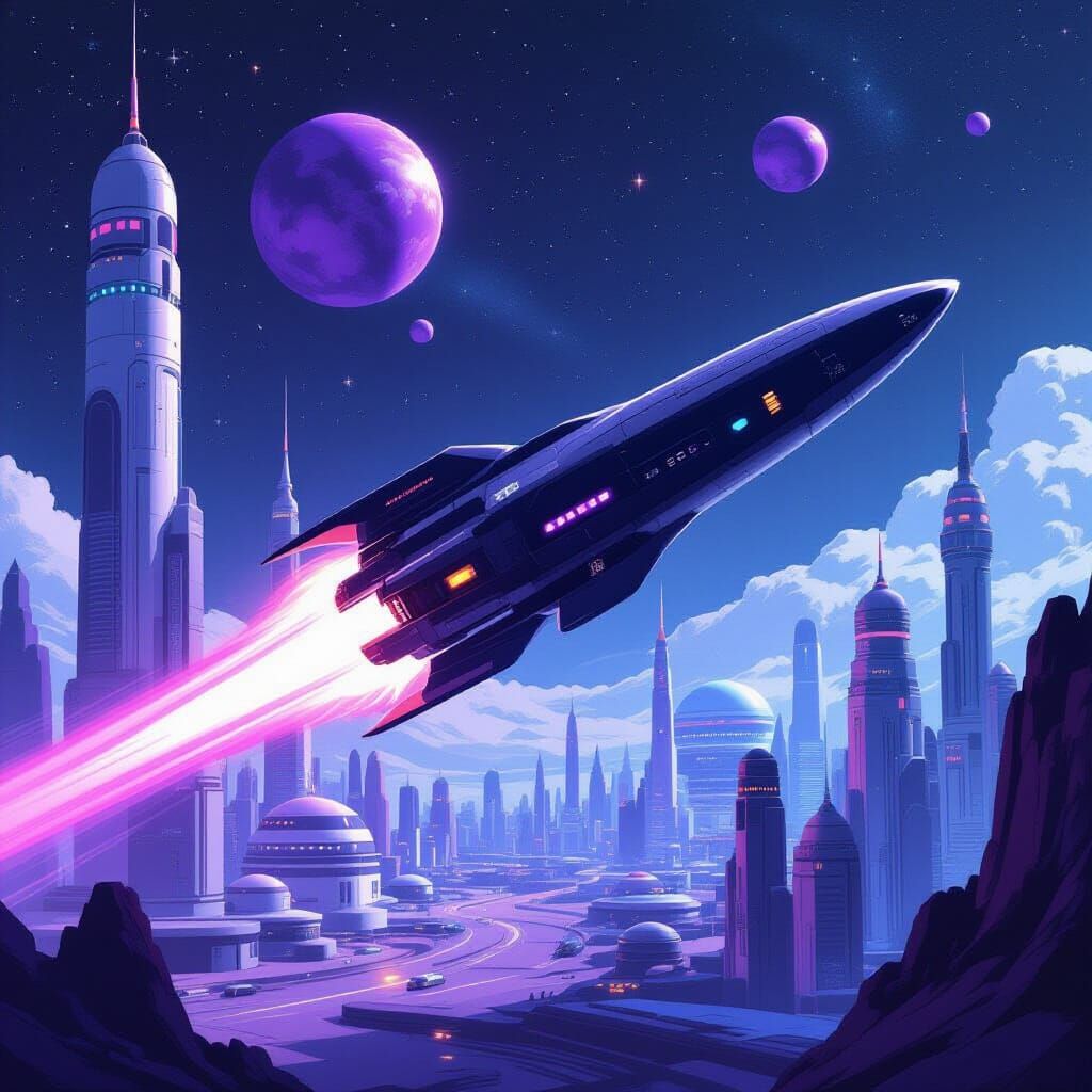 Spaceship Fires Beam at Futuristic City