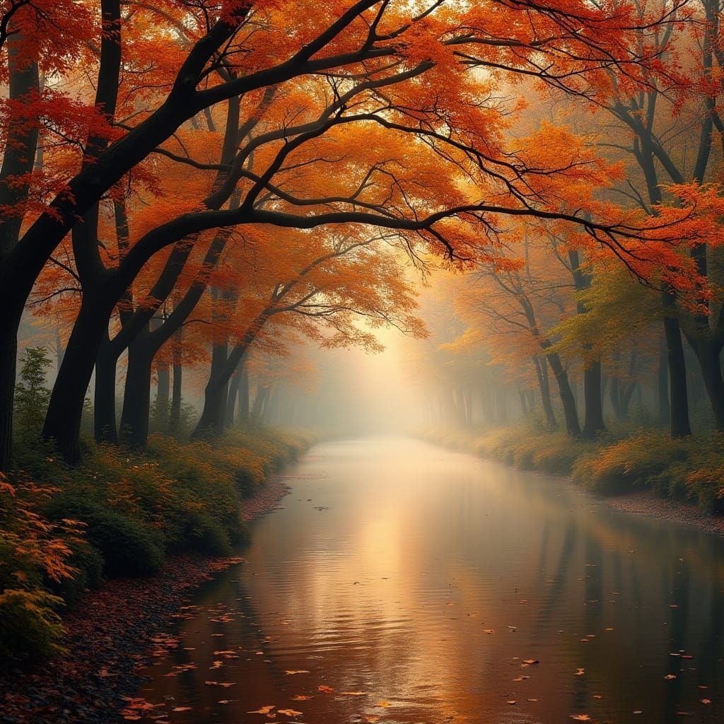 Autumn Riverside Scene with Golden Light