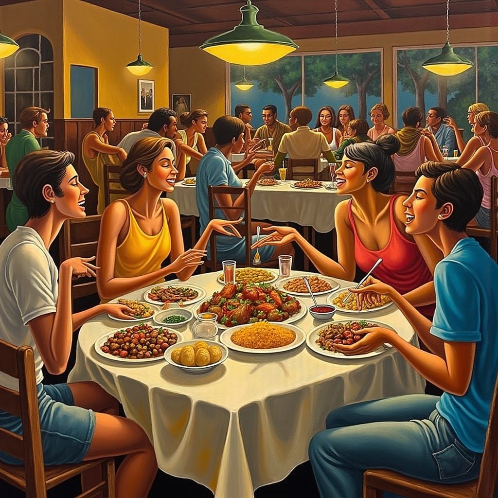 Friends Share Spicy Meal, Eclectic Whimsical Style