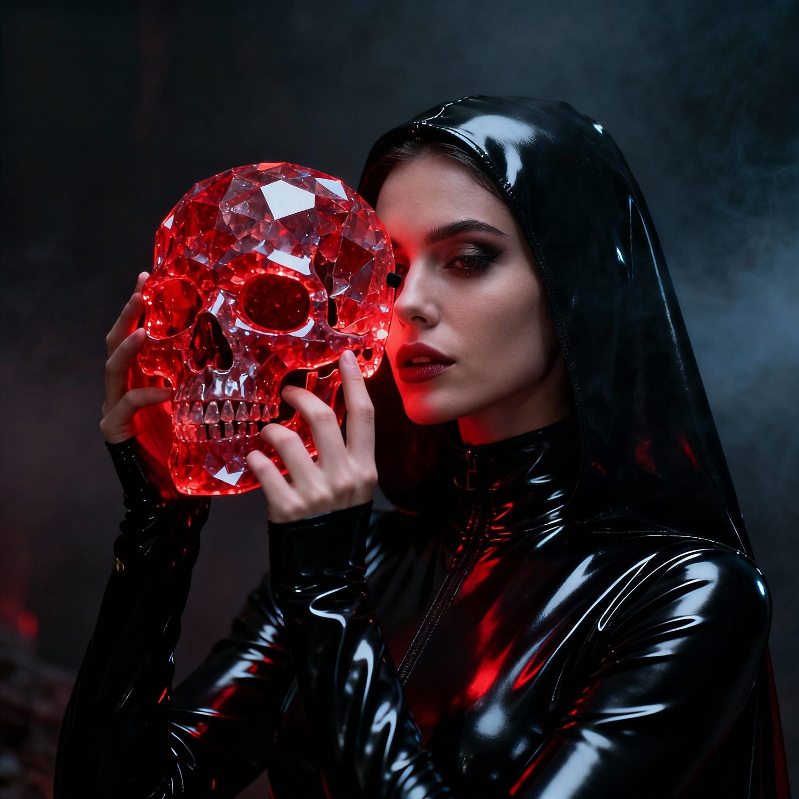 Cultist Woman Adorns Red Crystal Skull Mask