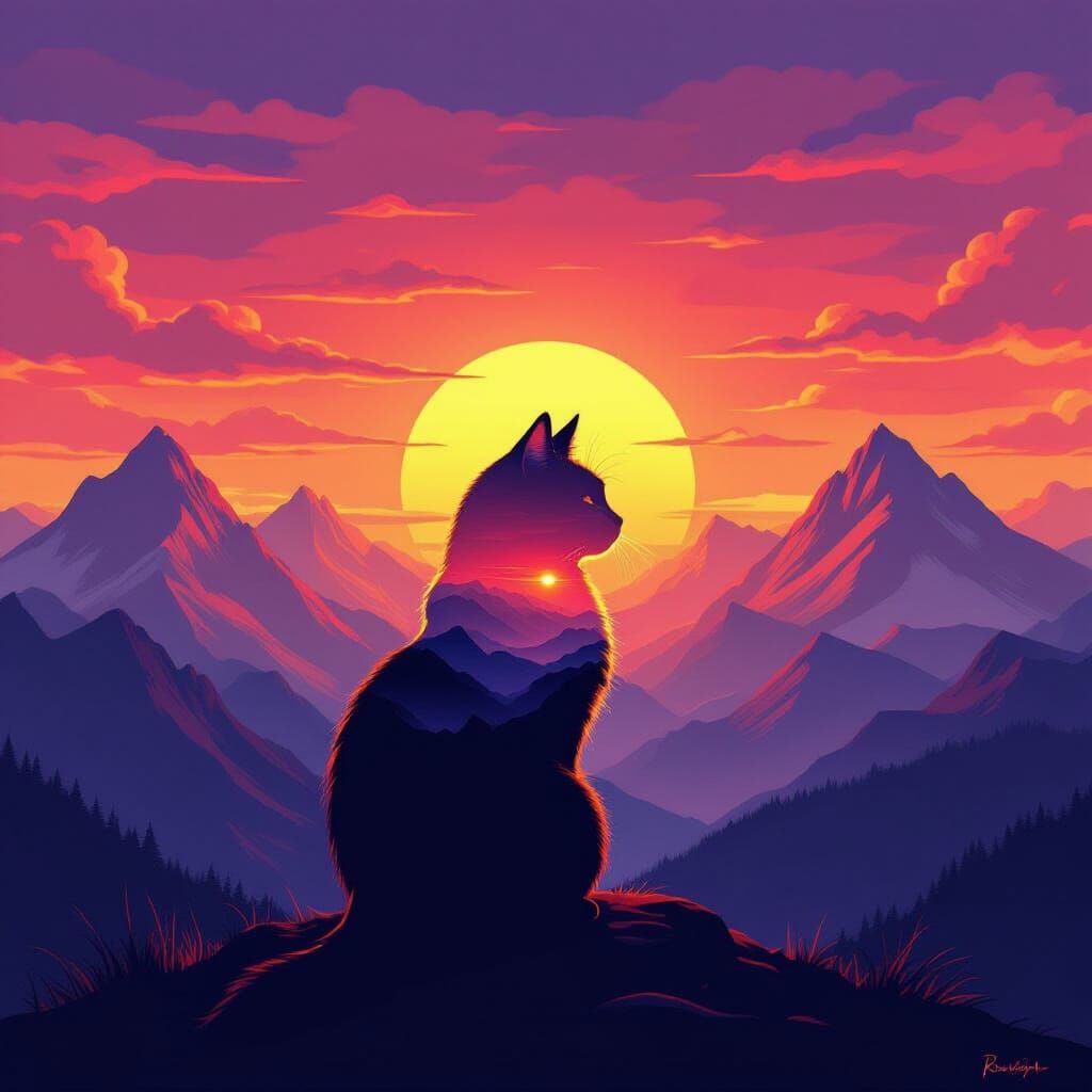Surreal Cat Silhouette Filled With Mountain Sunset Digital A...