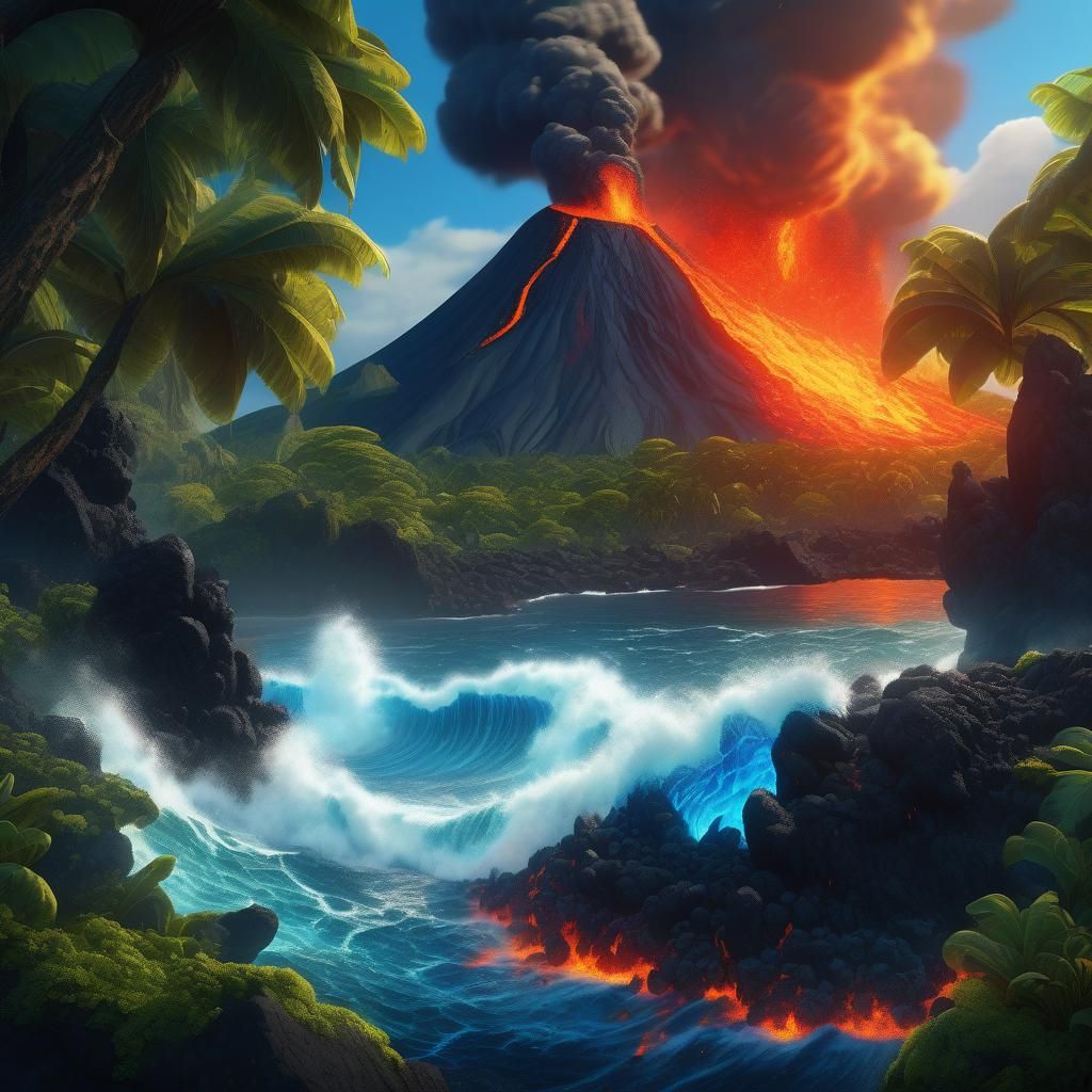 A vibrant eerie mythical realm and the fiery wrath of Pele, ...