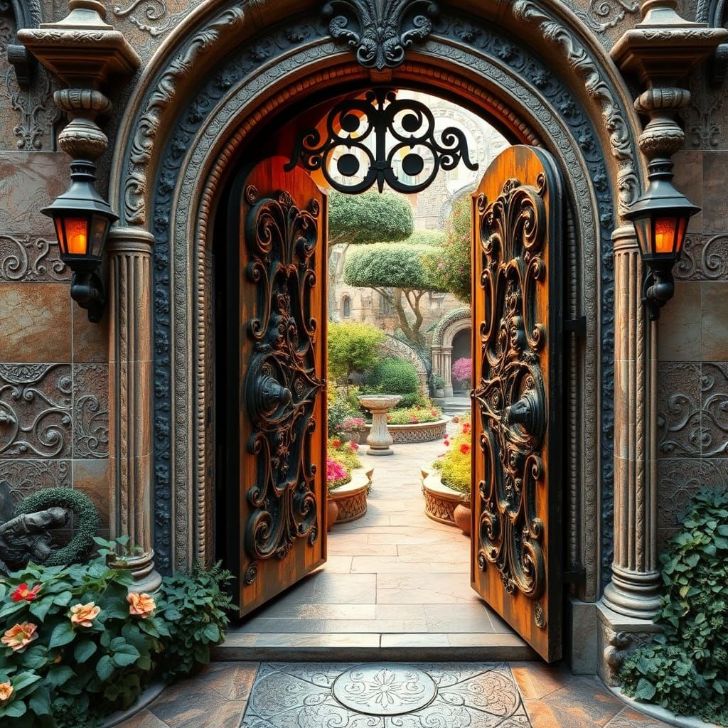 Enchanted Garden Door in Gaudi Mosaic Style